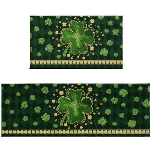 St. Patrick's Day Kitchen Rugs Set 2 Pcs Green Gold Shamrock Clover Washable Runner Rug Non Slip 17"x47"+17"x30", Saint Patricks Day Kitchen Mats for Floor Spring Irish Home Decor - color: Green Shamrock