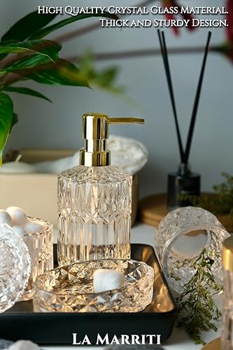 LaMarriti Clear Bathroom Accessories Set, 5pcs Crystal Glass Bathroom Set Accessories, Soap Dispenser, Toothbrush Holder Set, Soap Dish, Tumbler, Qtips Holder for Vintage Bathroom Decor, Gift Set - style: Crystal Clear