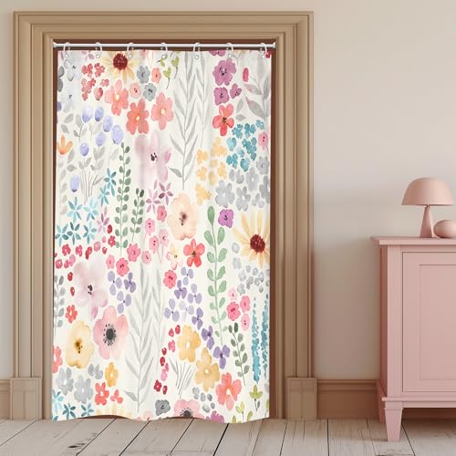Riyidecor Small Stall Narrow Shower Curtain for Bathroom Decor 48Wx72H Floral Watercolor Cute Plants Spring Girly Women Colorful Boho Art Printed Fabric Polyester Waterproof 8 Pack Plastic Hook - color: A-pink, size: 48"W x 72"L (Pack of 1)