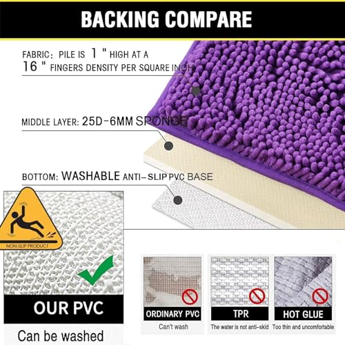 Bathroom Rugs Chenille 3-Piece Extra Soft and Absorbent Shag Bathroom Rugs, Machine Wash Mat, Strong PVC Non-Slip Underside, Plush Carpet Mats (Violet) - color: Violet, size: 2'8" x 1'8" (16x24"+20x32"+20x20"U shape）