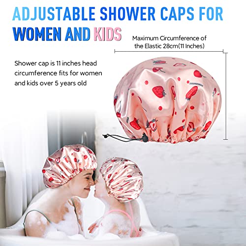 Shower Caps for Women Reusable Waterproof- Adjustable Women Shower Cap Reusable Hair Cap for Shower, Shower Cap for Adult and Kids - color: Pink Strawberry, size: Medium