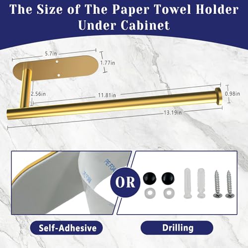 Paper Towel Holder, Self Adhesive or Drilling Paper Towel Holder Under Cabinet, Stainless Steel Paper Towel Holders Wall Mount for Kitchen, Bathroom, Sink, Pantry, Fridge (Gold) - color: Gold