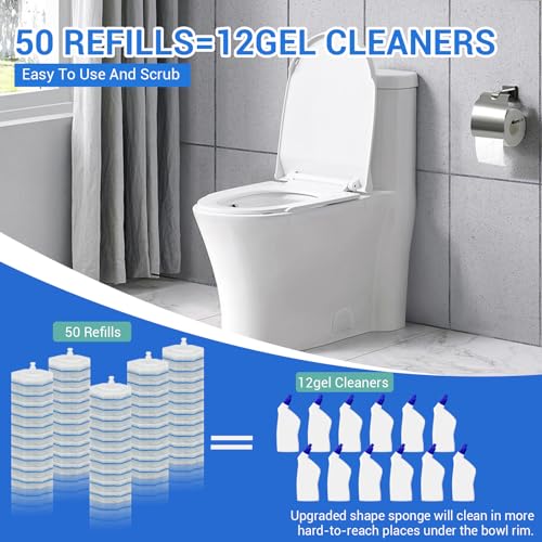 50 Pack Disposable Toilet Brush Refills, Universal Compatible Replacement Heads, 3-Layer Deep Cleaning Sponges for Bathroom Wand, Blue & White Striped Scrubbers - color: 50