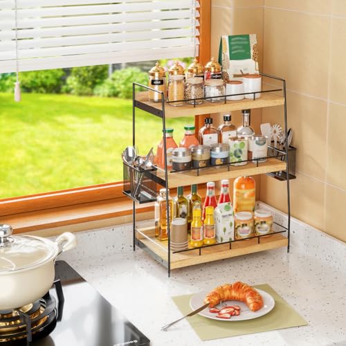 3 Tier Bathroom Counter Organizer with Side Baskets, Wood Countertop Vanity Shelf,Sturdy Metal Frame fits Tall Bottles - color: Brown