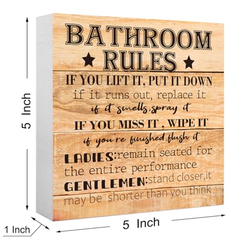 Funny Farmhouse Bathroom Wood Sign - Rules Block Sign for Shelf, Toilet, Restroom, Home, Tabletop, Desk Decor - Wooden Box Sign - color: Wood Color3