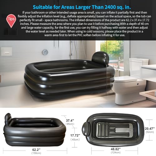 Portable Bathtub for Adults - Ice Bath & Hot Tub for Athletes Recovery, Home SPA - Large Inflatable Bathtub 62.2x37.4x17.72in, Includes Pump, Easy Inflate & Drain - color: dark grey
