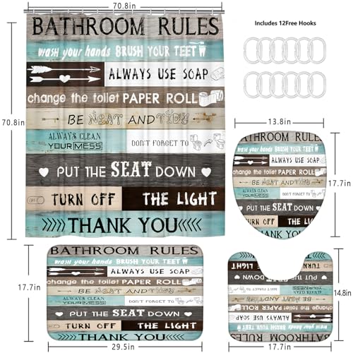 AZHM Inspirational Quotes Shower Curtain Set for Bathroom 4 Pcs Brown Teal Patchwork Design Bathroom Accessory Decor Sets with Shower Curtain and Rugs - color: Brown Teal