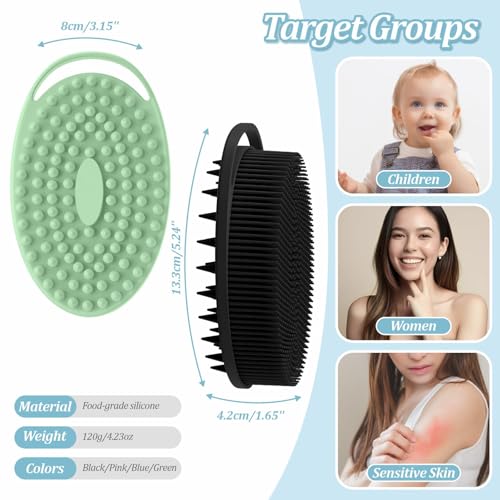 Soft Silicone Body Scrubber Set, 2PCS Dual-Side Silicone Loofah for Gentle Exfoliating and Scalp Massaging, Hygienic Shower Scrubber Shampoo Brush for Kids, Women, Sensitive Skin(Black+Green) - color: Black+green
