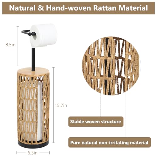 Trongee Freestanding Toilet Paper Holder with Storage,3 Rolls of Boho Toilet Paper Holder Stand with Lid,Gold Toilet Tissue Holder Stand Rattan Paper Storage Wicker Toilet Roll Holder Basket - color: U-black