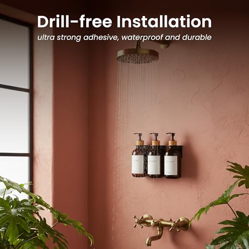 Shampoo and Conditioner Dispenser Wall Mounted Set of 3 Amber Bamboo - No Drill Shower Soap Dispenser for Bathroom Refillable - Spa Hotel Style Accessories by MaisoNovo - color: Amber Bamboo Set of 3