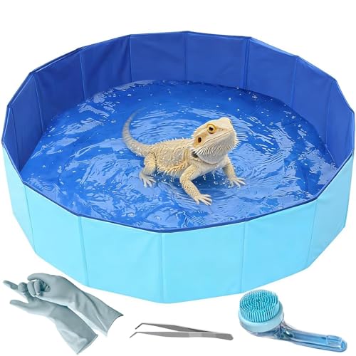 Foldable Bearded Dragon Pool Bathtub, Reptile Bath Pool Bearded Dragon Swimming Pool with Brush Gloves Reptile Accessories Swimming Pool for Turtle Lizard Small Pets - size: Reptile Pool