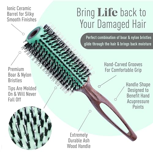 MINT Eco-Friendly Boar Bristle Round Brush for Blow Drying | Durable Blowout Styling for All Hair Types | Ceramic Round Brush with Hand-Crafted Wooden Handle (30 mm) - size: 30 mm Round Brush