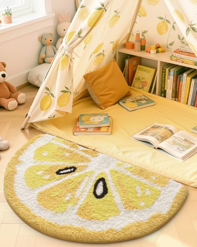 DEXI Cute Bathroom Rugs Half Round, Funny Fruits Absorbent Bath Mat Non Slip Washable, Extra Soft Plush Microfiber Bathmat for Shower Floor, Tub, Sink, Bedroom, 32x20, Lemon - color: Lemon Yellow