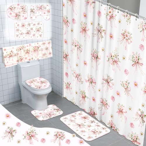 Tatuo 8 Pcs Pink Bow Daisy Shower Curtain Sets for Bathroom Decor Coquette Bathroom Accessories Daisy Rose Aesthetic Girly Shower Curtain Sets with Towels Carpet Bath Mat Toilet Rugs and 12 Hooks - style: Floral Bow