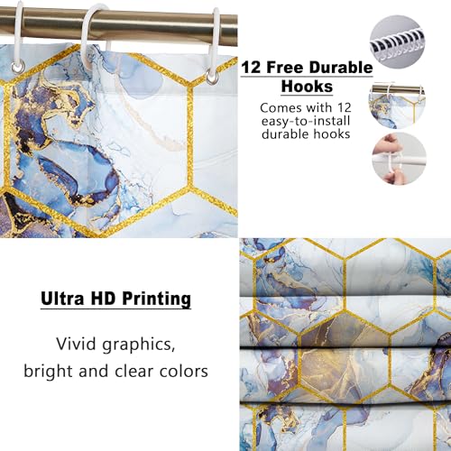 Poedist Shower Curtain Set with Rugs,Bathroom Accessory Set, Including Non-Slip Rugs,Toilet Lid Cover and Bath Mat, Waterproof Shower Curtain with 12 Hooks, Honeycomb Marble - color: White