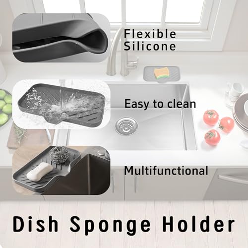 9.4” x 5.9” Silicone Soap Dish with Self-Draining Spout, Multi-Purpose Kitchen Bathroom Sink Organizer Tray for Bar Soap, Sponge, Dispenser Bottle Counter Storage, Gray - color: Gray, size: 9.4” x 5.9”