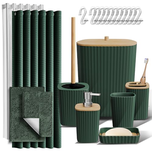 Clara Clark Bathroom Accessories Set - Bathroom Set, Bathroom Sets with Shower Curtain and Rugs, Shower Curtain Set with Bathroom Trash Can - Green - 22PC - color: Hunter Green, size: Complete Set + Bath Rugs