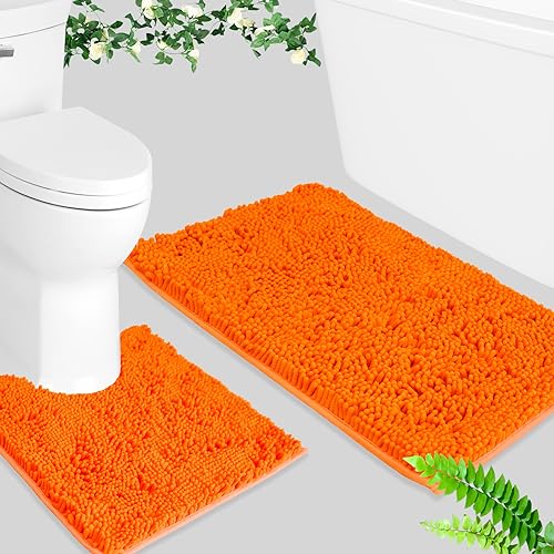 BOANKODU Bath Mat Sets 2 Piece, Soft Chenille Absorbent Non-Slip Mat, 32x20 U Shape + 20x20 Inch; Machine Washable (Orange) - color: Orange, size: 20" x 32" + 20" x 20" (U-Shape)