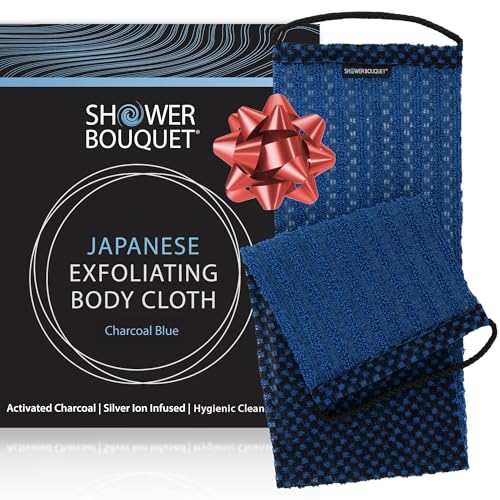 Japanese Exfoliating Washcloth for Back & Body - Charcoal & Silver Ion Exfoliating Towel with Handles - Two-Sided Gentle Exfoliation & Deep Cleansing Soft Body Wash Cloths for Shower - Blue - color: Charcoal Blue, size: 1 Count (Pack of 1)
