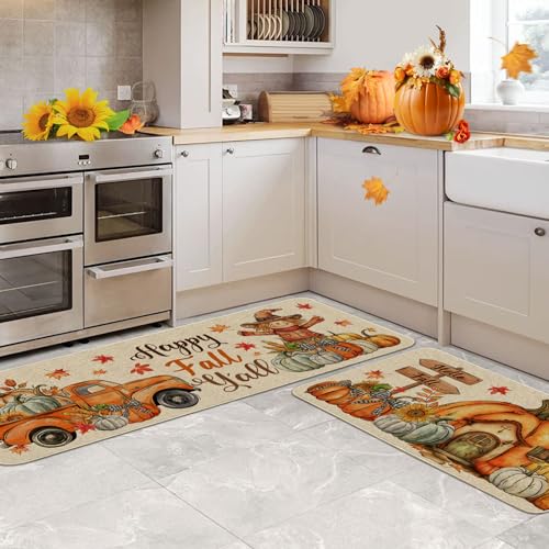 Fall Kitchen Mats, Farmhouse Truck Fall Kitchen Decor for Floor - Pumpkins House Kitchen Rugs Set of 2 - 17"x27"+17"x47"