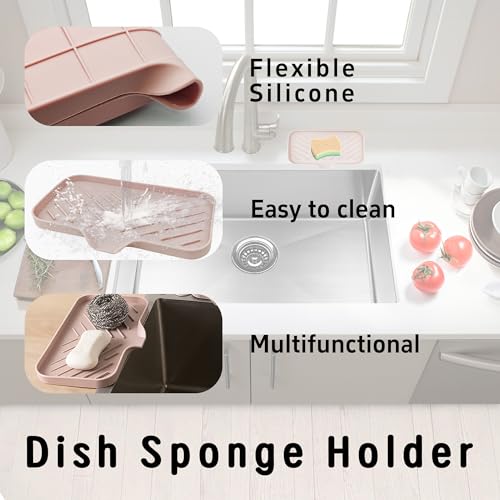 9.4” x 5.9” Silicone Soap Dish with Self-Draining Spout, Multi-Purpose Kitchen Bathroom Sink Organizer Tray for Bar Soap, Sponge, Dispenser Bottle Counter Storage, Pink - color: Pink, size: 9.4” x 5.9”