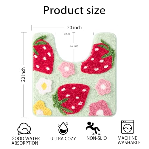 Anybar U-Shaped Toilet Rug 20x20'' - Super Soft Absorbent Bathroom Mat with Cute Strawberry & Flower Design, Non-Slip Quick-Dry Washable Contour Rug for Toilet, Bath Mats for Bathroom Decor（Green） - color: Green, size: 1'8" x 1'8" (U-Shape)