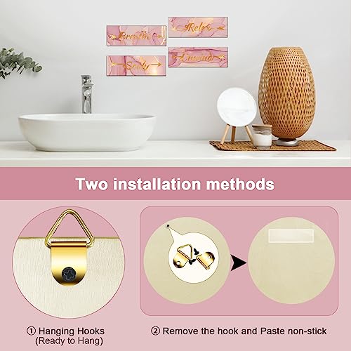 Lnond 4 Pieces Pink Gold Marble Bathroom Wall Decor, Relax Soak Unwind Breathe Signs Decor, Wood Hanging Wall Art for Bathroom Spa Room (12 x 4 Inch