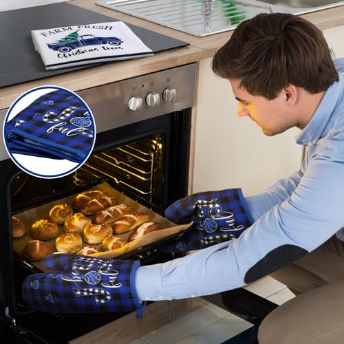 Leinuosen 6 Pieces Christmas Kitchen Set Dish Hand Towels Pot Holders and Oven Mitts Set Tea Towels Non Slip Heat Resistant Oven Gloves for Xmas Kitchen Cooking Baking Grilling(Xmas Tree)