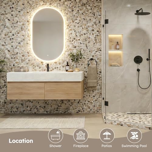 Diflart Natural Pebble Stone Tile for Shower Floor, Brown and Beige Oval, 4 Sheets, Sliced Pebble Mosaic Backsplash for Kitchen Bathroom Floor and Wall Tile - color: Bown and Beige, size: 11.7x11.7 Inch