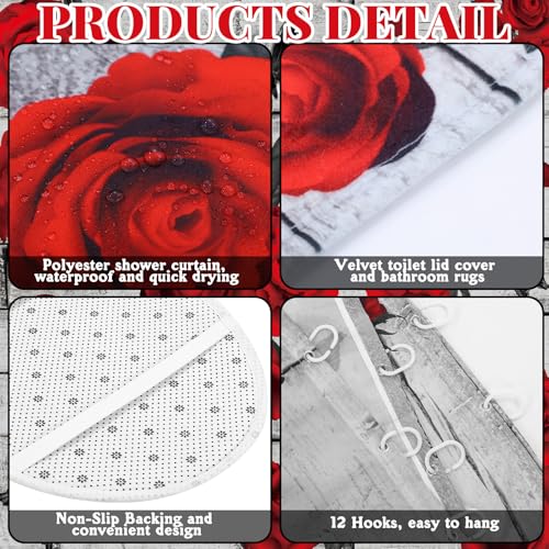 Tatuo 8 Pcs Red Rose Shower Curtain Set Rose Home Romantic Farmhouse Bathroom Decor Accessories Sets Black Red Waterproof Shower Curtain with Towels Carpet Bath Mat Toilet Rugs and 12 Hooks - style: Red Rose