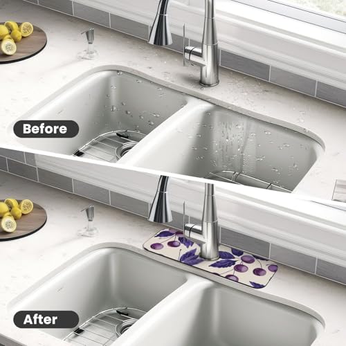 Kitchen Sink Splash Guard Faucet Mat, Purple Cherries Leaves Diatom Mud Absorbent Draining Mat For Kitchen Sink Bathroom - color: Purple Cherries Leaves, size: One Size
