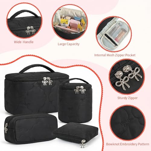 4Pcs Quilted Makeup Bag Set, Cute Bowknot Puffy Makeup Bag Toiletry Bag w/ Bow Zipper Travel Essentials Large Water-Resistant Travel Makeup Bag Versatile Cosmetic Organizer Pouch for Women Girls - color: Black