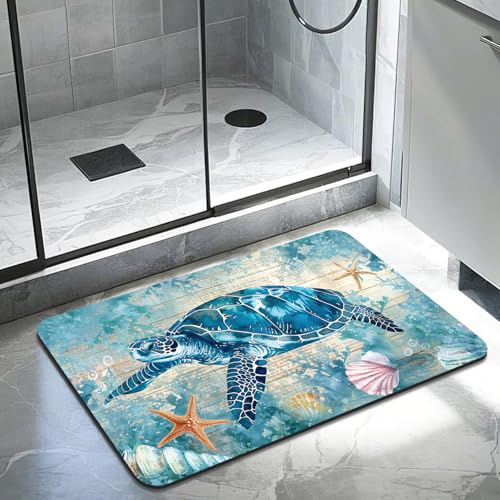 Quick Dry Bath Mat for Bathroom,Super Absorbent Turtle Bath Rug Non-Slip Rubber Backing,Machine Washable Bathroom Floor Mat for Shower, Tub, Sink Area Beach Seashell Ocean Blue (16"x24"+30"x20") - color: Blue3, size: 16" x 24" + 30" x 20"