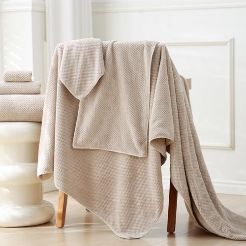 30x60 Inches Large Bath Towels Set Super Soft Absorbent 350GSM Thin Microfiber Towels for Bathroom - Beige,6-Piece