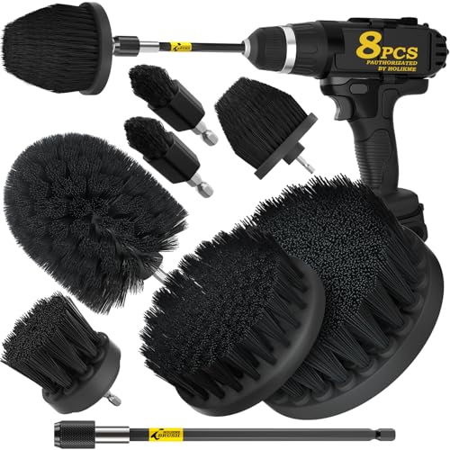 Holikme 8 Piece Drill Brush Attachments Set, Power Scrubber Brush with Extend Long Attachment，Cleaning Supplies，Scrub，Shower Scrubber，Bathtub, Bathroom, Kitchen（Black） - color: Black