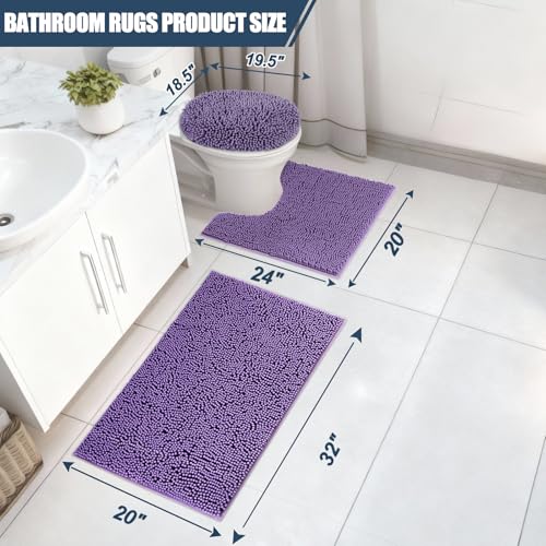 Bathroom Rugs Sets 3 Piece with Adjustable Toilet Seat Cover 19.5"x 18.5" Machine Washable Bath Rug Set with TPR Non Slip Rubber Backing Solid Bath Mat Set for Luxury Bathroom Decoration - color: Purple