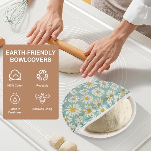 Reusable Bowl Covers for Bread Proofing - Beeswax Bowl Covers Reusable 3 Set, Cotton Blend Stretch Design, Fits 4-13 Inch Bowls, Shower Caps for Sourdough Bread, Dough Proofing & Food Storage(Daisy) - color: Daisy