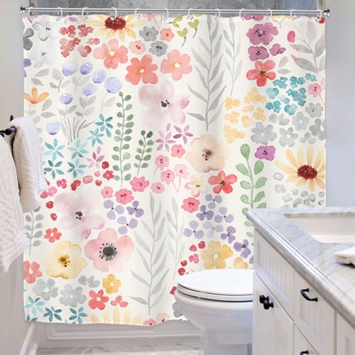 Riyidecor Floral Flower Cute Colorful Shower Curtain for Bathroom Decor 72Wx78H Extra Long Multicolor Plants Botanical Pink Art Printed Fabric Polyester Waterproof 12 Pack Plastic Hooks - color: A-pink, size: 72"W x 78"L (Pack of 1)