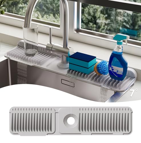 24 Inch Silicone Faucet Mat for Kitchen Sink Splash Guard - 7° Slope Upgraded Water Draining Mat with Fasten Button for Bathroom Area (Gray, 24''x5.5'') - color: Gray, size: 24''x5.5''
