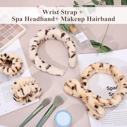Headband for Washing Face Wristband Set, Leopard | Soft absorbent fabric, snug head-hugging fit for face washing, skincare, makeup, masks, travel, women and teen girls - color: Brown leopard print