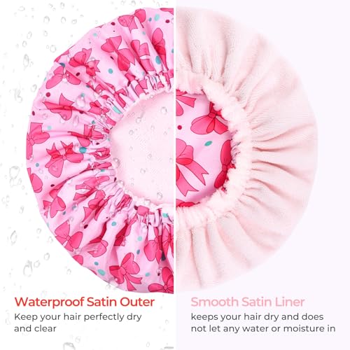 Aileam Pink Bow Shower Cap for Women, Terry Lined Bath Cap Large Reusable Waterproof Shower Hair Cap for Long Thick Hair - color: Bow