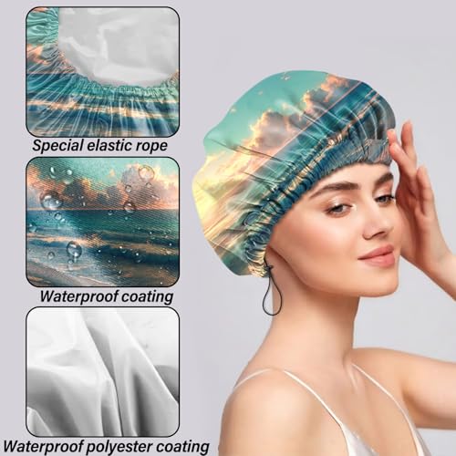 2 PCS Shower Cap Reusable Waterproof Double Layers Hair Caps Shower Bath Adjustable Elastic Hat for Women Girls Cute Aesthetic-Forest Beach - color: AI10-Forest Beach