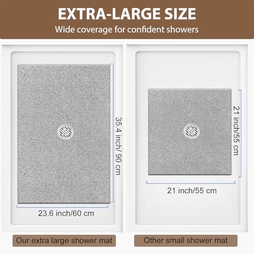 Shower Mat Non Slip: 35.4 x 23.6 Inch Extra Large Shower Mats for Inside Shower with Drain Hole - Soft PVC Loofah Anti Slip Shower Stall Mat for Walk-in Shower and Bathroom, Quick Drying - color: Grey, size: 35.4" x 23.6" (Rectangular)