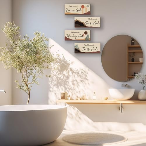 ONIZHITY 4 Pcs Boho Bathroom Decor Religious Wall Art Bible Verse Inspirational Navy Bohemian Wall Decor Rustic Wooden Christian Sign for Home Bathroom Office Bedroom Living Room Kitchen(Boho 10x4") - color: Boho