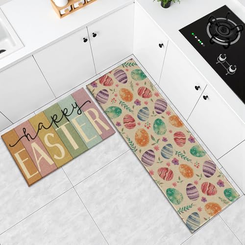 Happy Easter Kitchen Rugs 2 Pcs Colorful Easter Eggs Florals Washable Runner Rug Non Slip 17"x47"+17"x30", Seasonal Spring Comfort Kitchen Floor Mat for Holiday Bathroom Laundry Decor - color: Colorful Easter Eggs