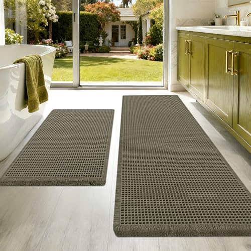 Upgraded Waffle Bath Mat Set 2 Piece Greyish Green, Super Absorbent Non-Slip Quick Dry Bathroom Rugs with Tassels, Machine Washable Ultra Soft Boho Bath Rugs for Floor, Bath Mats Boho Farmhouse Decor - color: Greyish Green, size: 24"x17"+5'x2'