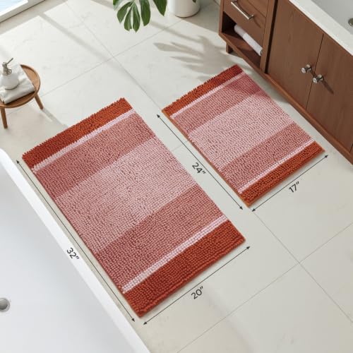 HOMEIDEAS Burnt Orange Bathroom Rugs Set of 2, Thick Absorbent Chenille Bath Mats, Non-Slip Soft Shaggy Rugs for Bathroom Floor, 20" x 32" & 17" x 24" - color: Burnt Orange