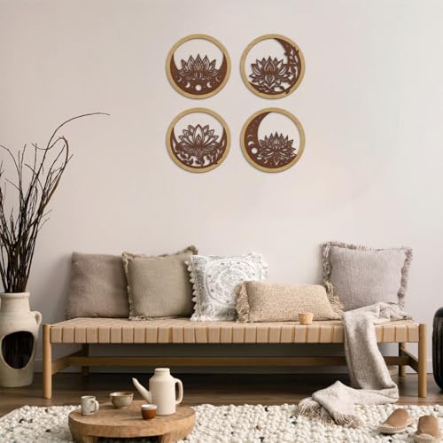 TOARTi 4PCS Buddha Brown Lotus Wooden Wall Art Vintage Mandala Lotus Wall Decor for Living Room Office Bathroom Artwork Indian Mandala Flower Hanging Plaque Abstract Mandala Wood Sign for Yoga Room - color: Mandela Wooden Wall Art