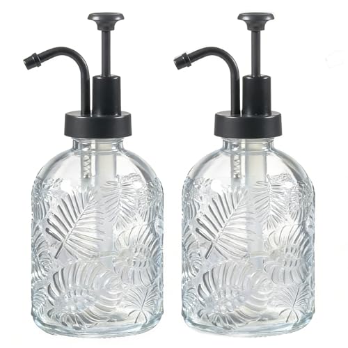 11.8Oz Vintage Glass Bathroom Soap Dispensers with Black Pump, Refillable Kitchen Dish Soap Dispenser with Embossed Leaf, Modern Farmhouse Hand Soap Liquid Bottle -2 Pack - color: Clear/Black, size: 2Pack