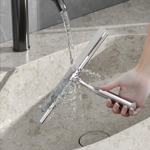 Shower Squeegee for Glass Doors, Stainless Steel Shower Squeegee for Bathroom, Window and Tiles, All-Purpose Squeegee with Adhesive Hook-10”, Chrome - color: Chrome, size: 10